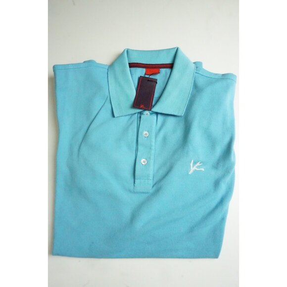 Isaia Sky Blue Coral Logo Embroidered Short Sleeve Cotton Polo Shirt 2XL XXL NEW
